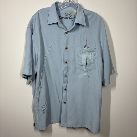 Bamboo Cay Other - Bamboo Cay Men Short Sleeve Button Up Shirt Size L Blue Embroidered Fishing Pole